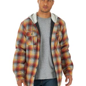 Wrangler Authentics Men's Long Sleeve Quilted Lined Flannel Shirt Jacket with Hood, Red/Yellow, Medium