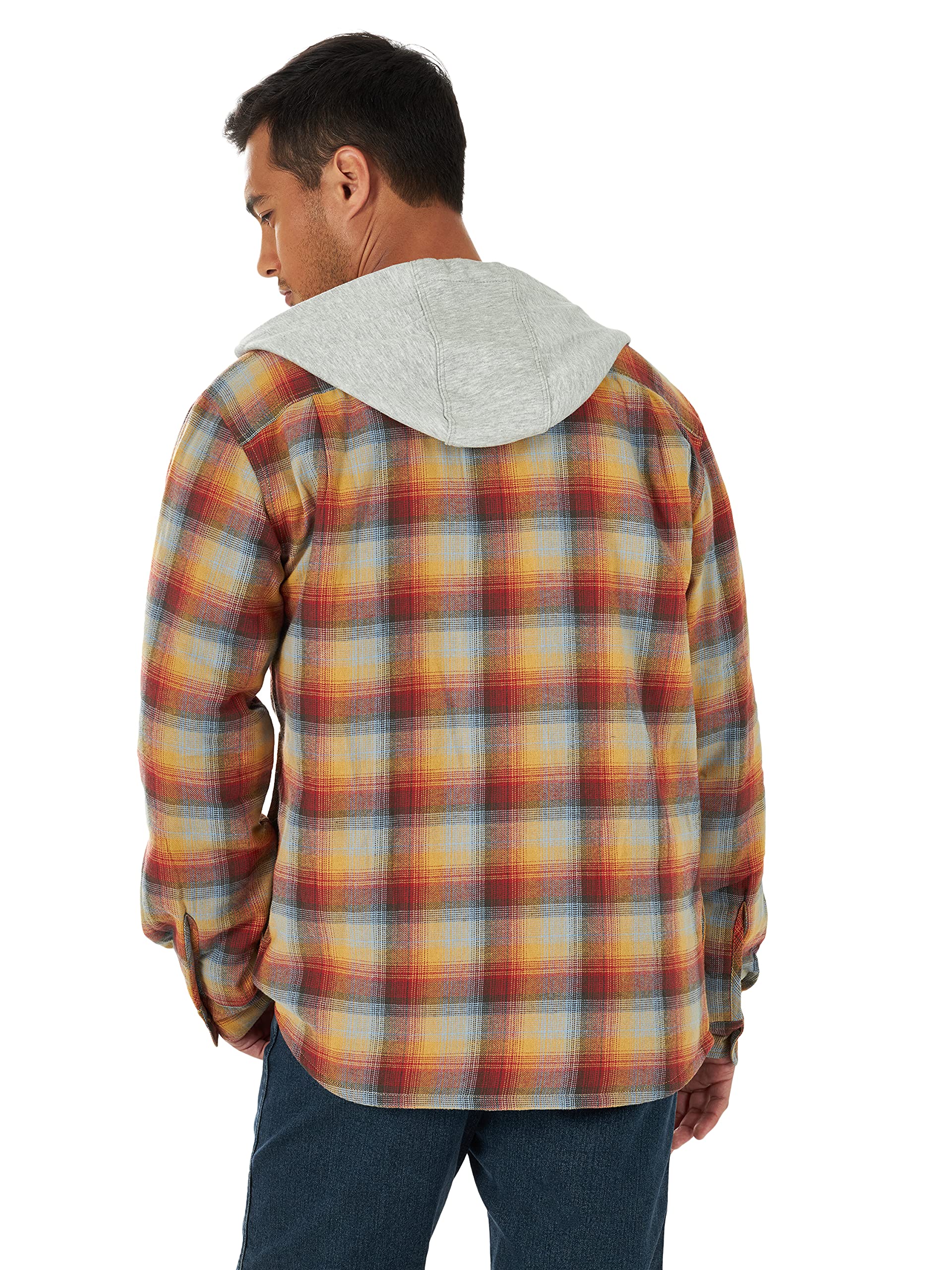 Wrangler Authentics Men's Long Sleeve Quilted Lined Flannel Shirt Jacket with Hood, Red/Yellow, Medium