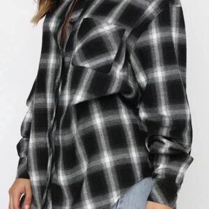 CHYRII Womens Button Down Flannel Shirts Long Sleeve Plaid Shacket Business Casual Tops Black XL