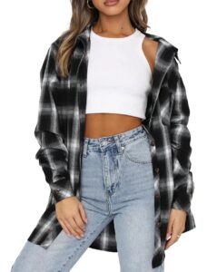 lacozy women’s long sleeve buffalo plaid flannel shirt basic button down high low hem tops black medium