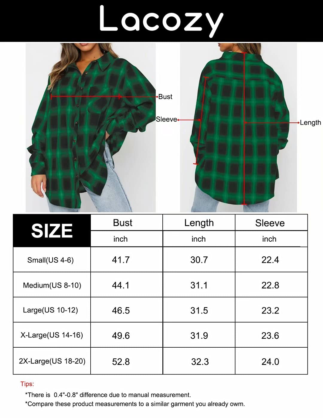 Lacozy Women’s Long Sleeve Buffalo Plaid Flannel Shirt Basic Button Down High Low Hem Tops Black Medium