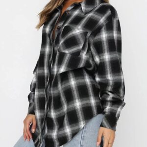 Lacozy Women’s Long Sleeve Buffalo Plaid Flannel Shirt Basic Button Down High Low Hem Tops Black Medium