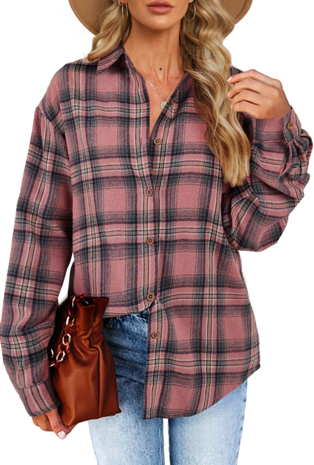 Womens Long Sleeve Flannel Shirts Plaid Flannels lapels Collared Button Down Shacket Casual Rolled Up Boyfriend Blouse Tops Pink