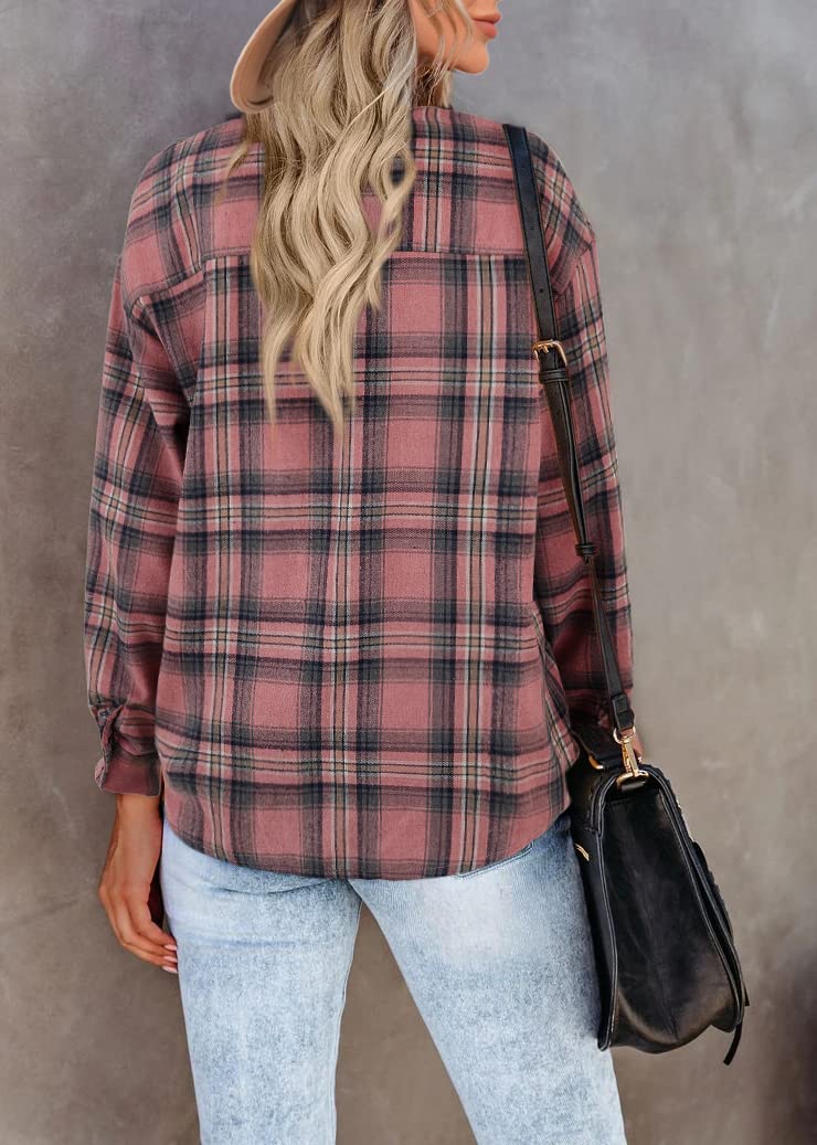 Womens Long Sleeve Flannel Shirts Plaid Flannels lapels Collared Button Down Shacket Casual Rolled Up Boyfriend Blouse Tops Pink