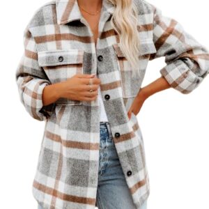 Beaully Women's Brushed Plaid Shirts Long Sleeve Flannel Lapel Button Down Pocketed Shacket Jacket Coats 6017 Khaki Large