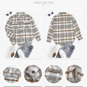 Beaully Women's Brushed Plaid Shirts Long Sleeve Flannel Lapel Button Down Pocketed Shacket Jacket Coats 6017 Khaki Large