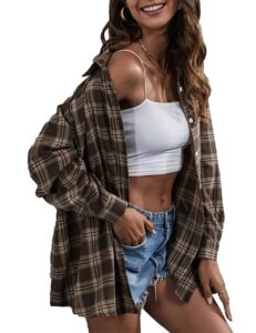 zontroldy brown plaid flannel shirt women oversized long sleeve button down buffalo plaid shirt blouse tops (0228-coffee-l)