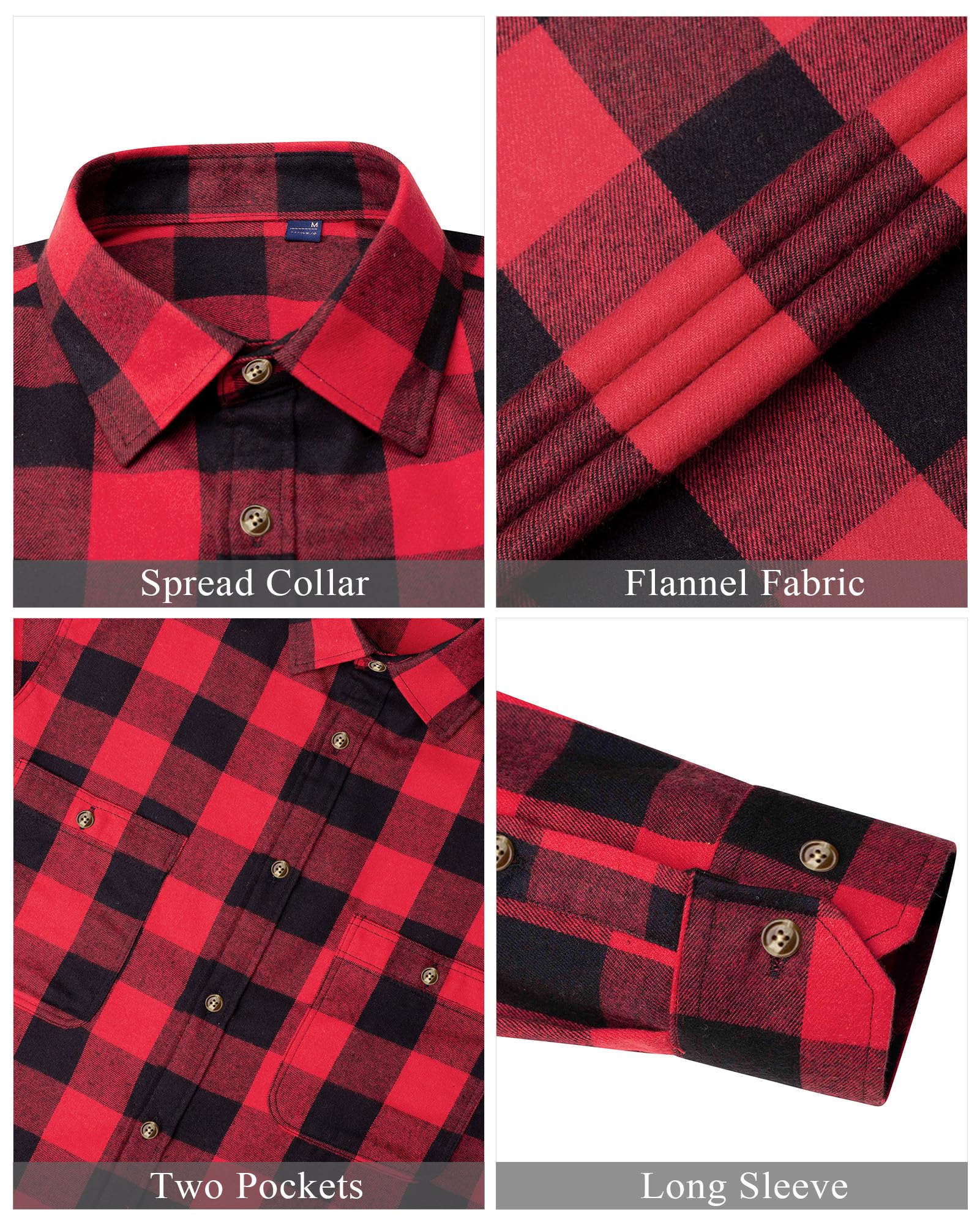 J.VER Men's Buffalo Plaid Shirt Flannel Casual Button Down Long Sleeve Shirts Red Large