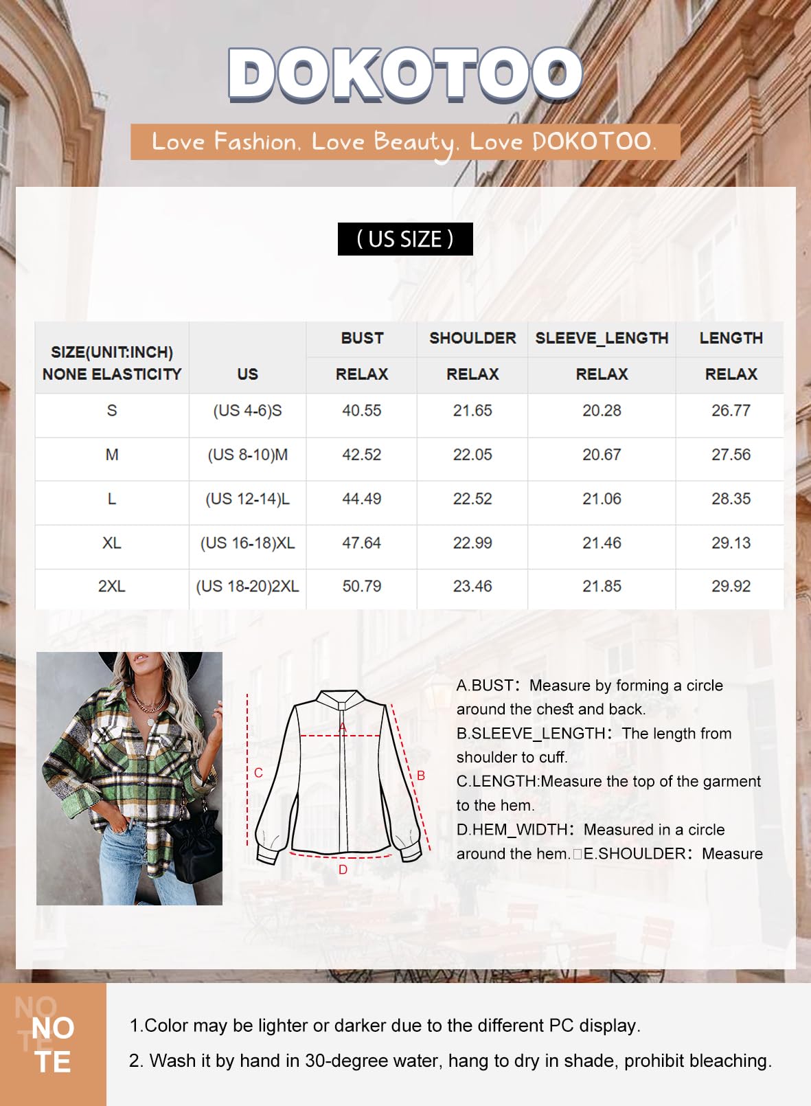 Dokotoo Women's Classic Plaid Button-Up Flannel Shirt - Long Sleeve, Soft, Loose, Office Jacket - Orange, L