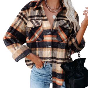 Dokotoo Women's Classic Plaid Button-Up Flannel Shirt - Long Sleeve, Soft, Loose, Office Jacket - Orange, L