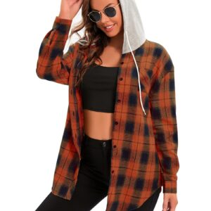 Womens Flannel Shirts Long Sleeve Oversized Boyfriend Shirts Button Down Plaid Hoodie Orange