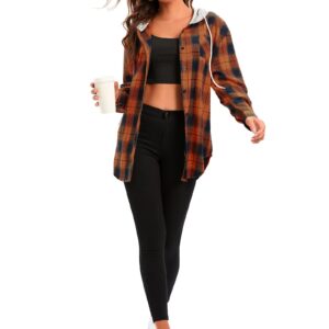 Womens Flannel Shirts Long Sleeve Oversized Boyfriend Shirts Button Down Plaid Hoodie Orange