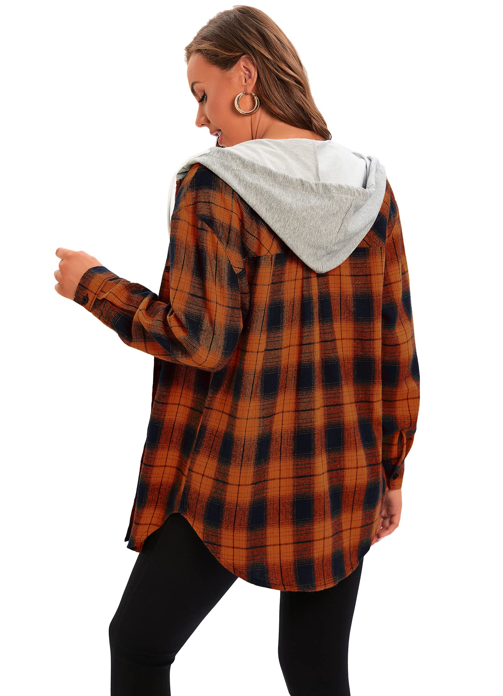 Womens Flannel Shirts Long Sleeve Oversized Boyfriend Shirts Button Down Plaid Hoodie Orange