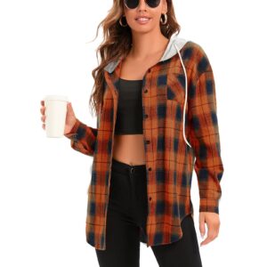 Womens Flannel Shirts Long Sleeve Oversized Boyfriend Shirts Button Down Plaid Hoodie Orange