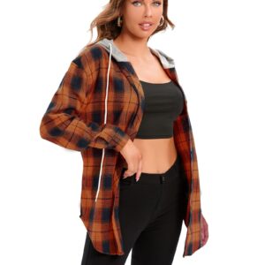 Womens Flannel Shirts Long Sleeve Oversized Boyfriend Shirts Button Down Plaid Hoodie Orange