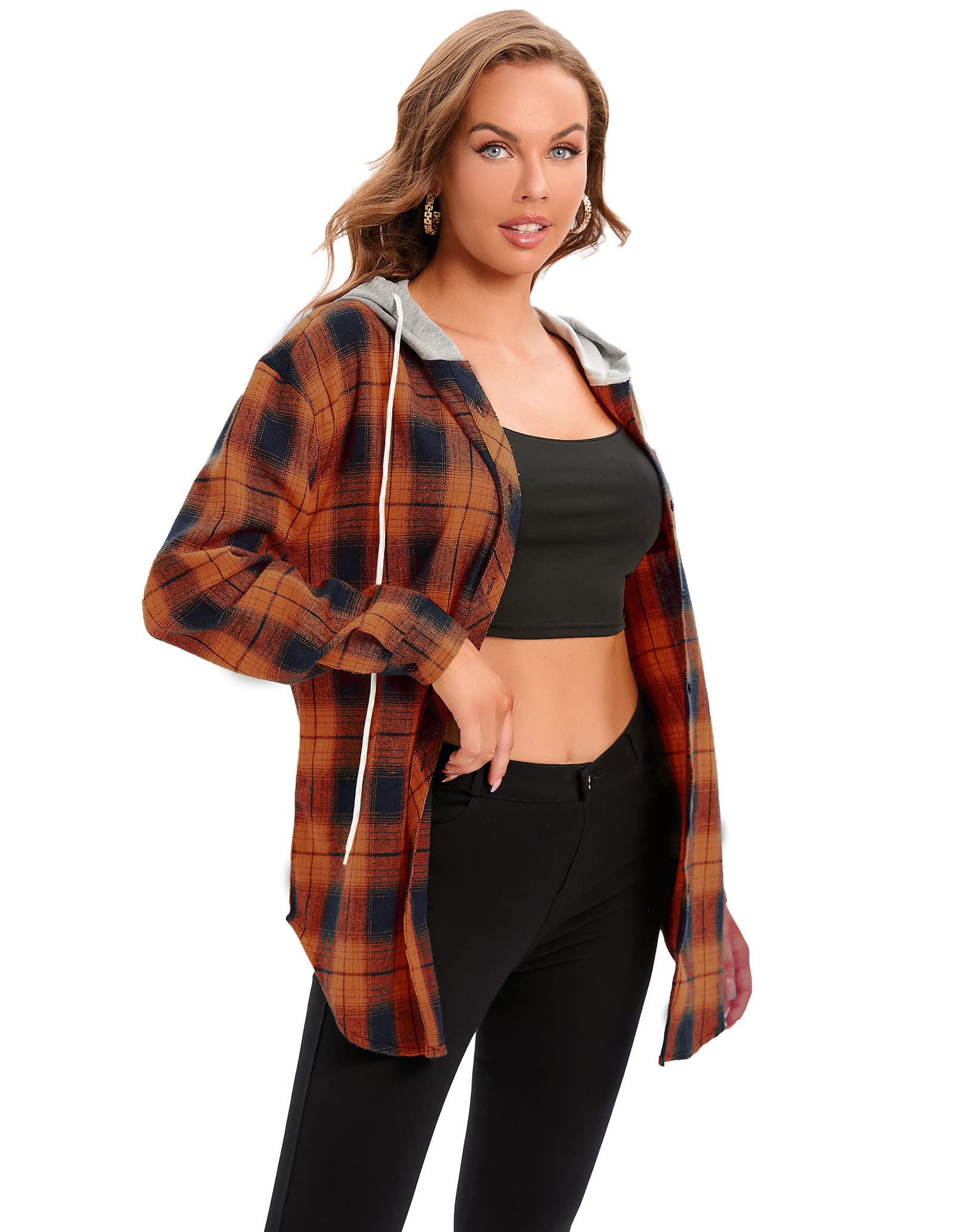 Womens Flannel Shirts Long Sleeve Oversized Boyfriend Shirts Button Down Plaid Hoodie Orange