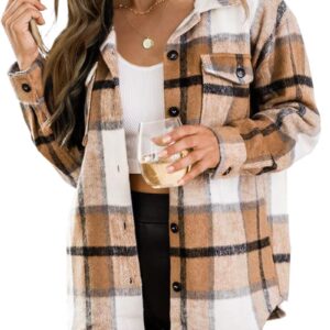 Womens Oversized Flannel Jacket Shirts Button Down Long Sleeve Shacket Trendy Winter Clothes Plus Size Apricot