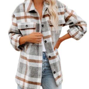 Lviefent Womens Casual Wool Blend Plaid Flannel Shackets Jacket Button Down Shirt Coat (Z-Grey, Small)