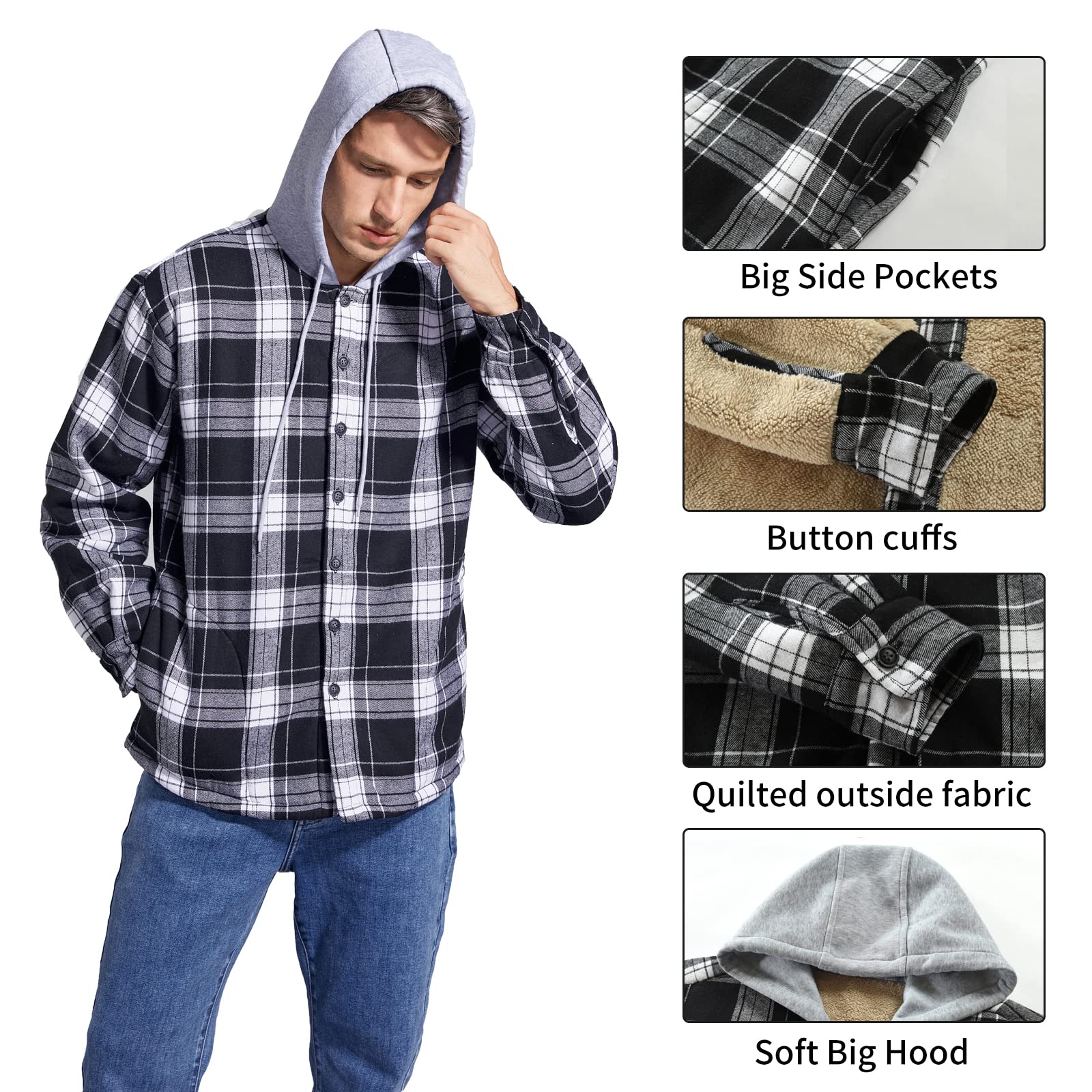 Derbars Men's Cotton Plaid Shirts Jacket Fleece Lined Flannel Shirts Sherpa Button Down Jackets with Hood for Men Black X-Large