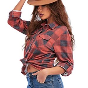 Women Cuffed Long Sleeve Boyfriend Button Down Plaid Flannel Shirt