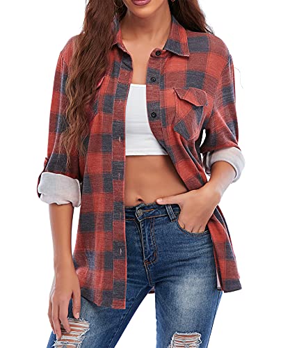 Women Cuffed Long Sleeve Boyfriend Button Down Plaid Flannel Shirt