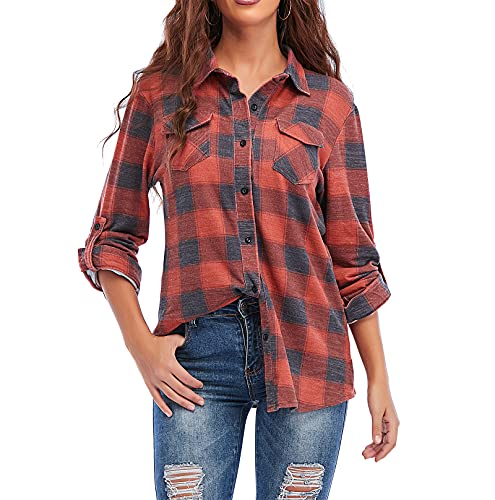 Women Cuffed Long Sleeve Boyfriend Button Down Plaid Flannel Shirt