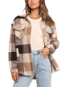 uaneo womens plaid shacket button down wool blend fall flannel shirt jacket (brown-l)