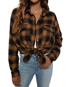 blooming jelly women's button down shirts long sleeve collared business casual tops work blouses v neck flannel t shirts (medium,brown plaid)