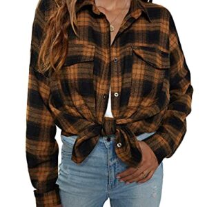 Blooming Jelly Women's Button Down Shirts Long Sleeve Collared Business Casual Tops Work Blouses V Neck Flannel T Shirts (Medium,Brown Plaid)