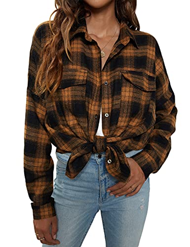 Blooming Jelly Women's Button Down Shirts Long Sleeve Collared Business Casual Tops Work Blouses V Neck Flannel T Shirts (Medium,Brown Plaid)