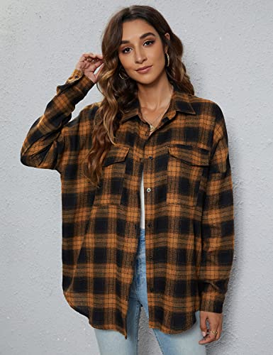 Blooming Jelly Women's Button Down Shirts Long Sleeve Collared Business Casual Tops Work Blouses V Neck Flannel T Shirts (Medium,Brown Plaid)