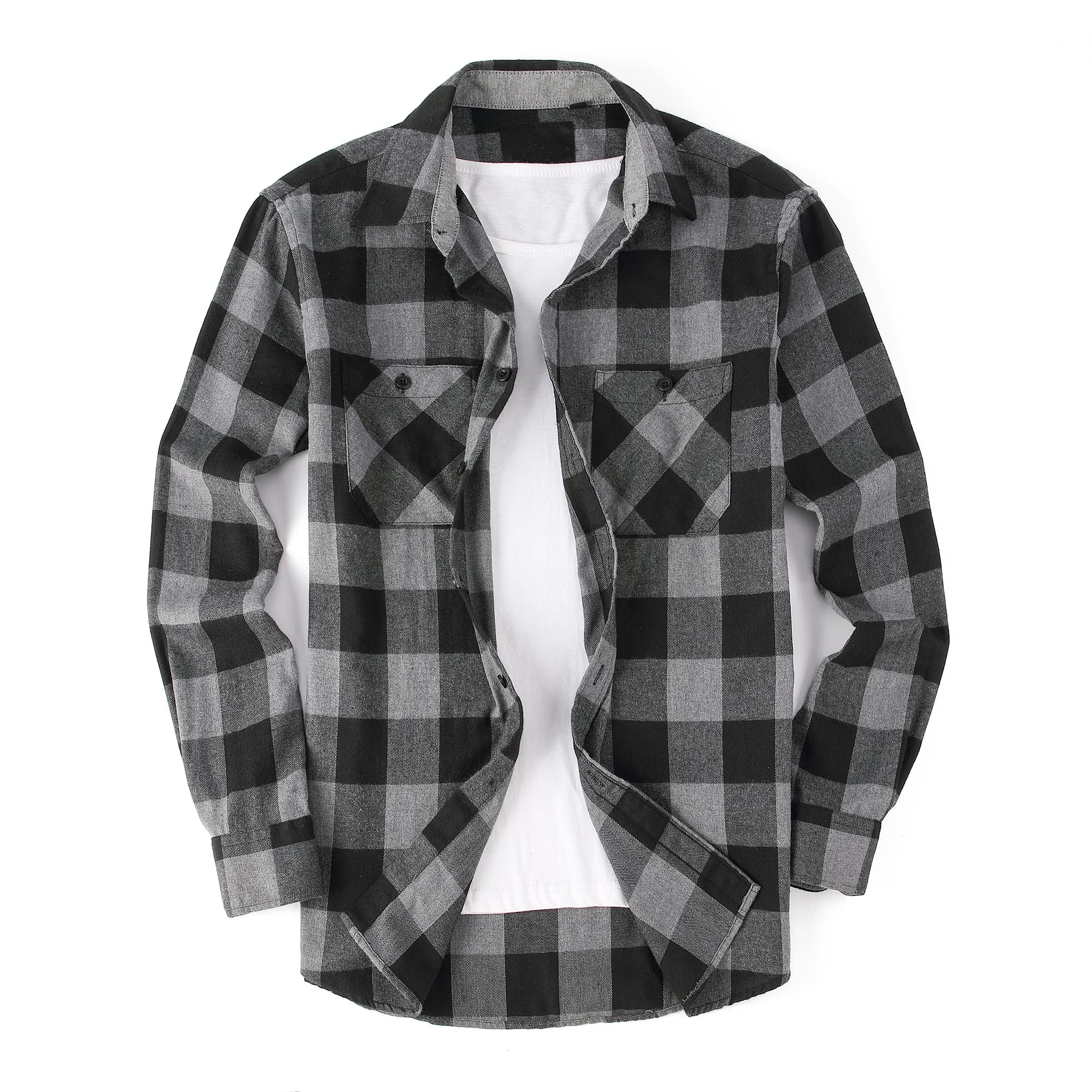 Esabel.C Mens Flannel Shirt Regular Fit Long Sleeve,Casual Button Down Plaid Flannel Shirt for Men,Grey/Black,L