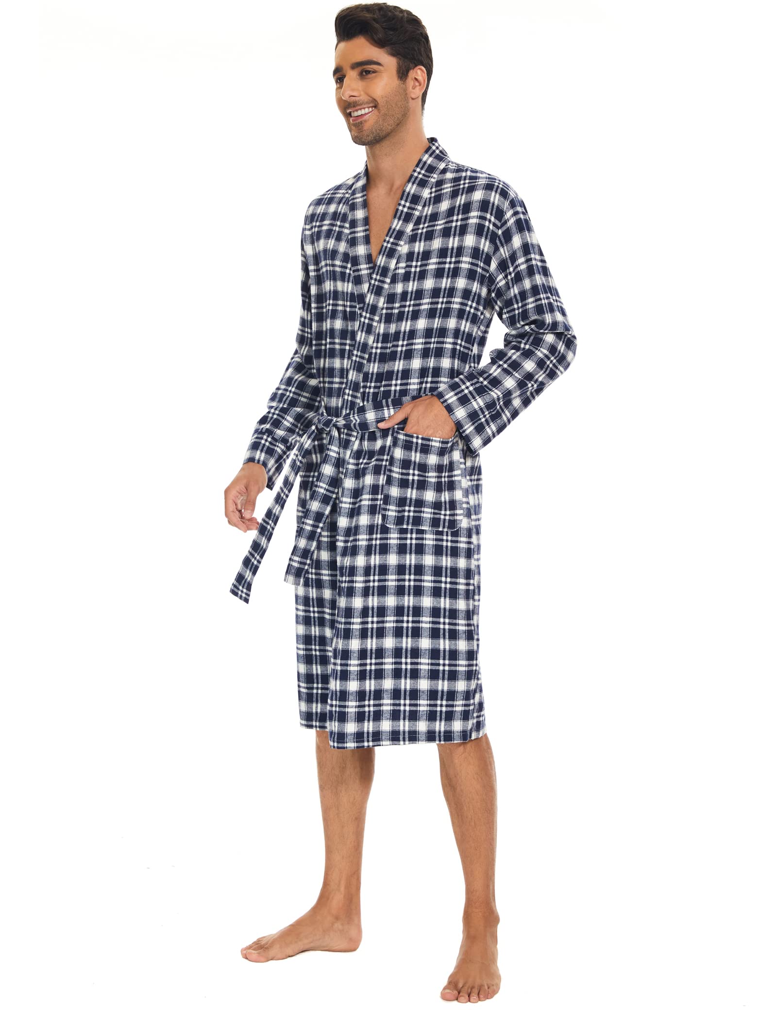 Zerbala Men's Flannel Robe Knee Length Plaid Bathrobe M Navy