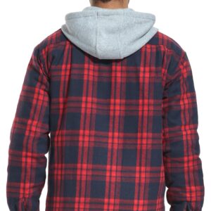 PEGENO Men's Long Sleeve Plaid Button Quilted Lined Flannel Shirt Jacket with Hood（Red Grid-US X-Large）