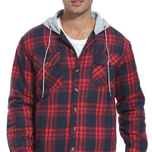 PEGENO Men's Long Sleeve Plaid Button Quilted Lined Flannel Shirt Jacket with Hood（Red Grid-US X-Large）