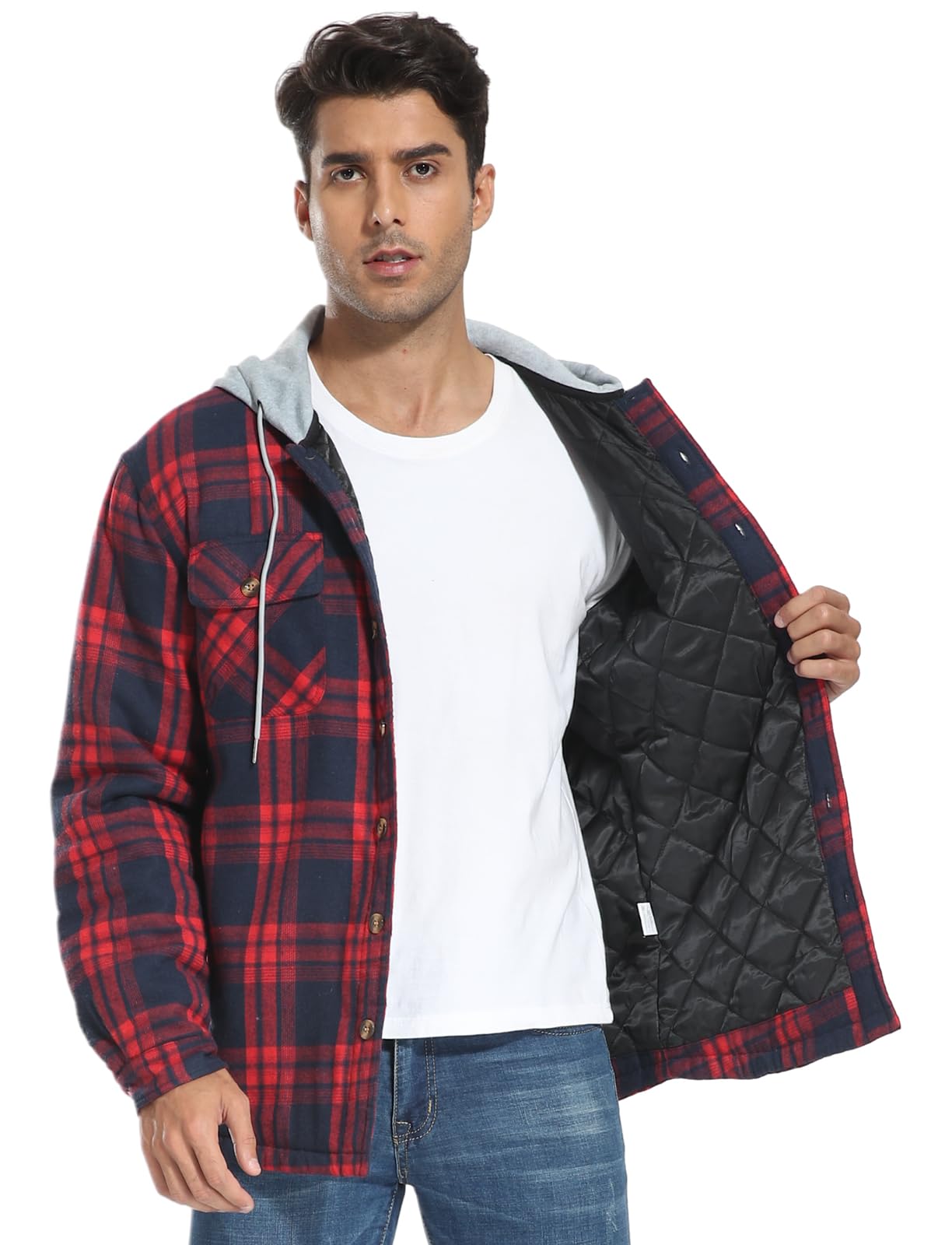 PEGENO Men's Long Sleeve Plaid Button Quilted Lined Flannel Shirt Jacket with Hood（Red Grid-US X-Large）