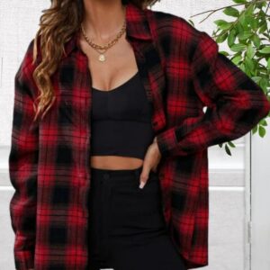 HangNiFang Flannel Red Black Plaid Shirts for Women Oversized Button Down Shirts Blouse(0768-RedBlack-M)