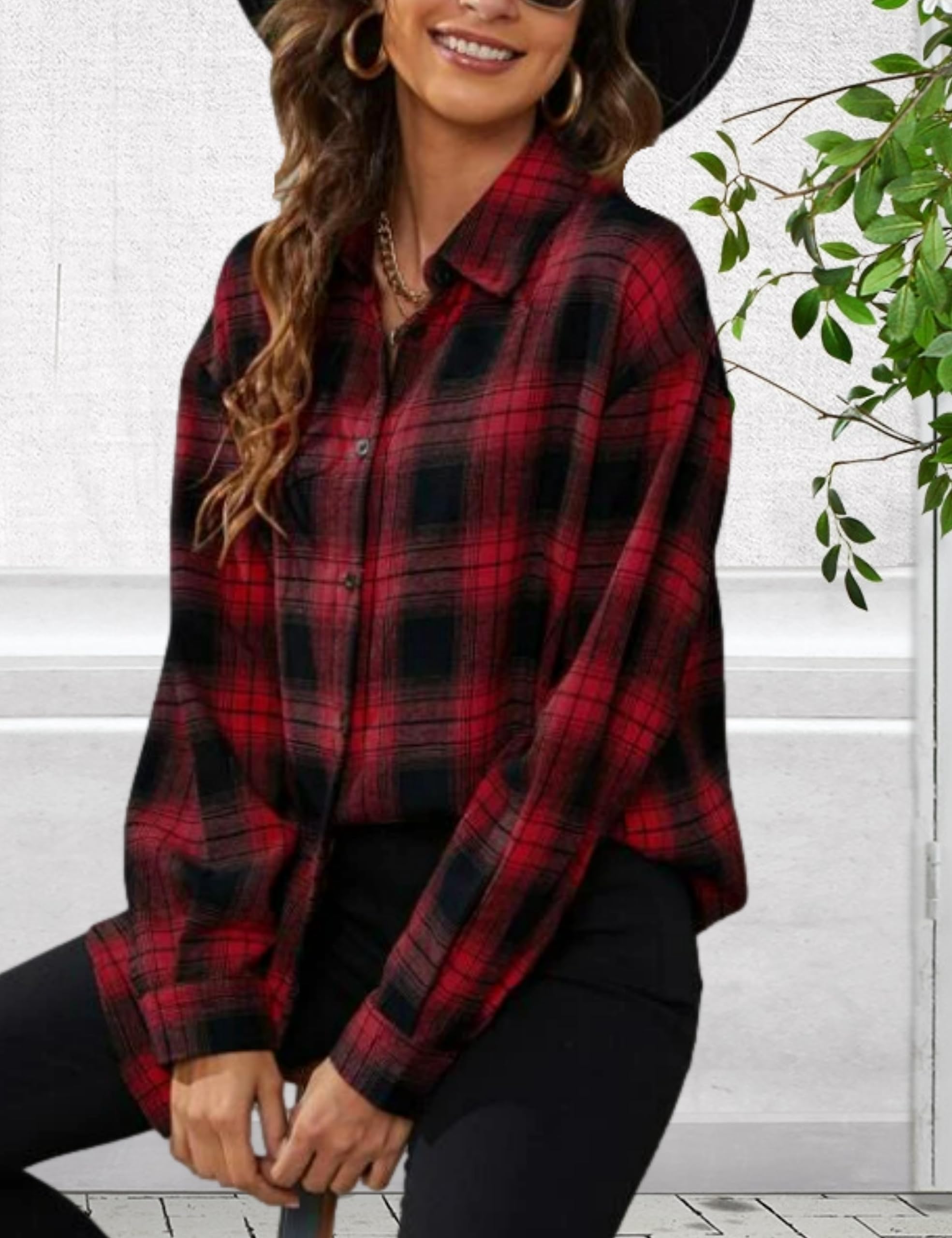 HangNiFang Flannel Red Black Plaid Shirts for Women Oversized Button Down Shirts Blouse(0768-RedBlack-M)