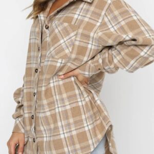 CHYRII Women's Flannel Plaid Shirts Long Sleeve Button Down Shacket Jacket Coat Outwear Fall Clothes Tan XXL