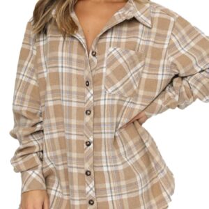 CHYRII Women's Flannel Plaid Shirts Long Sleeve Button Down Shacket Jacket Coat Outwear Fall Clothes Tan XXL