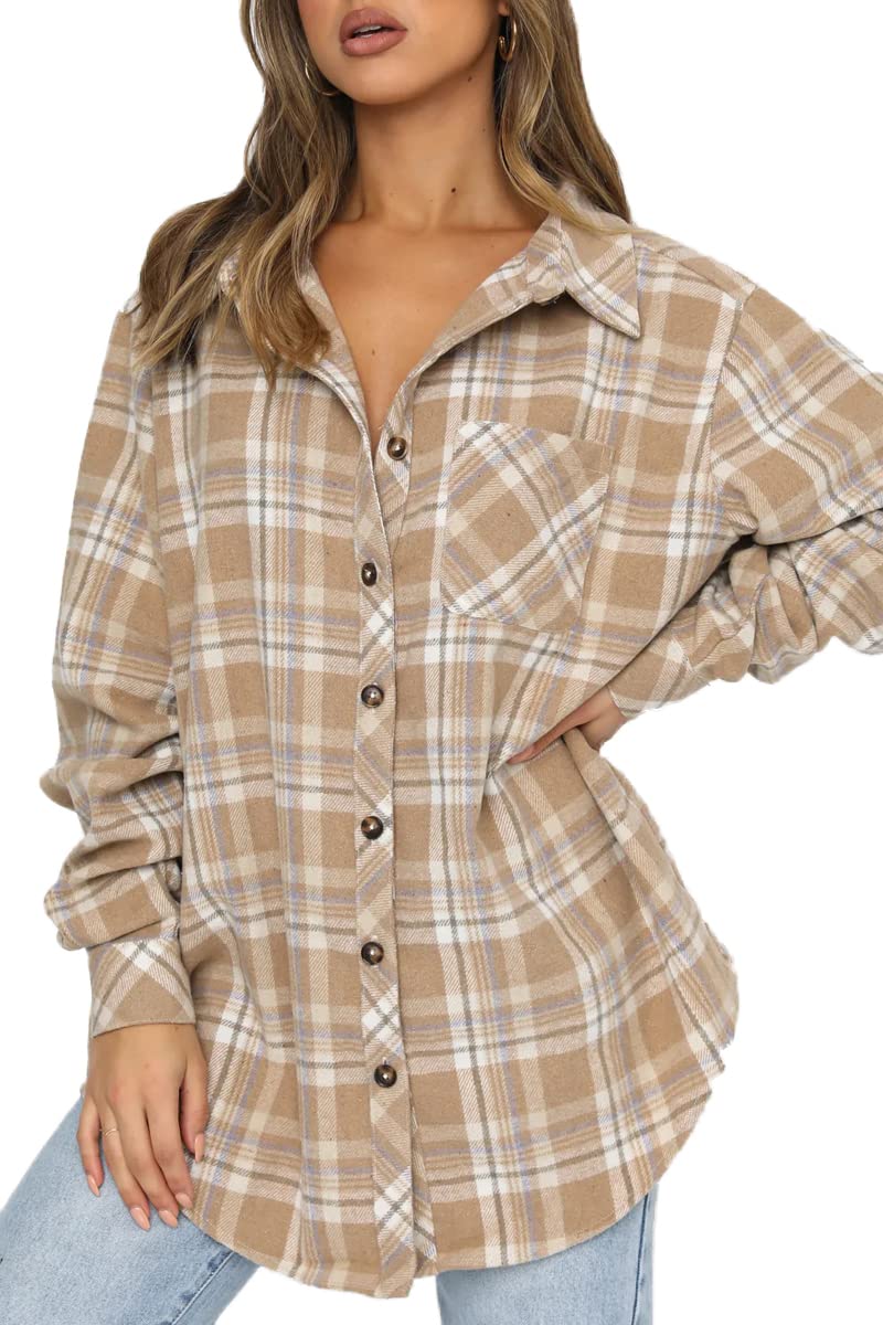 CHYRII Women's Flannel Plaid Shirts Long Sleeve Button Down Shacket Jacket Coat Outwear Fall Clothes Tan XXL