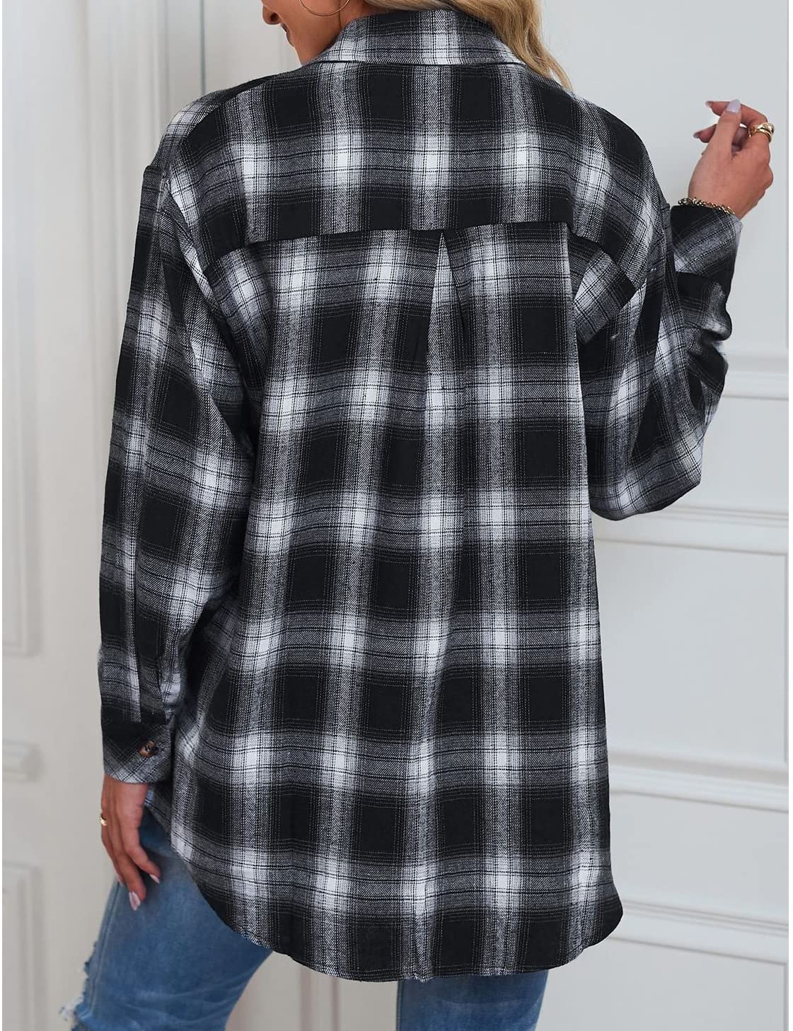 Tiko Miko Flannel Shirts for Women Oversized Plaid Soft Flannel Button Down Shirt Blouses(0001-black-L)