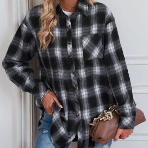 Tiko Miko Flannel Shirts for Women Oversized Plaid Soft Flannel Button Down Shirt Blouses(0001-black-L)