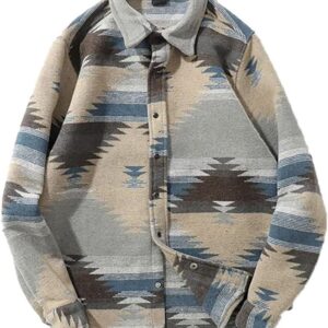 FindThy Men’s Brushed Flannel Shirts Ethnic Aztec Print Button Up Lapel Tribal Shirt Jacket Shacket(0682-Grey-L-LB)