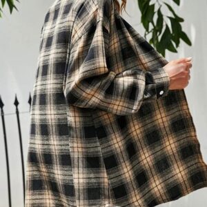 Korebow Oversized Flannels Plaid Shirts for Women Buffalo Plaid Long Sleeve Button Down Shirts Blouse Tops(0028-Khaki-S)