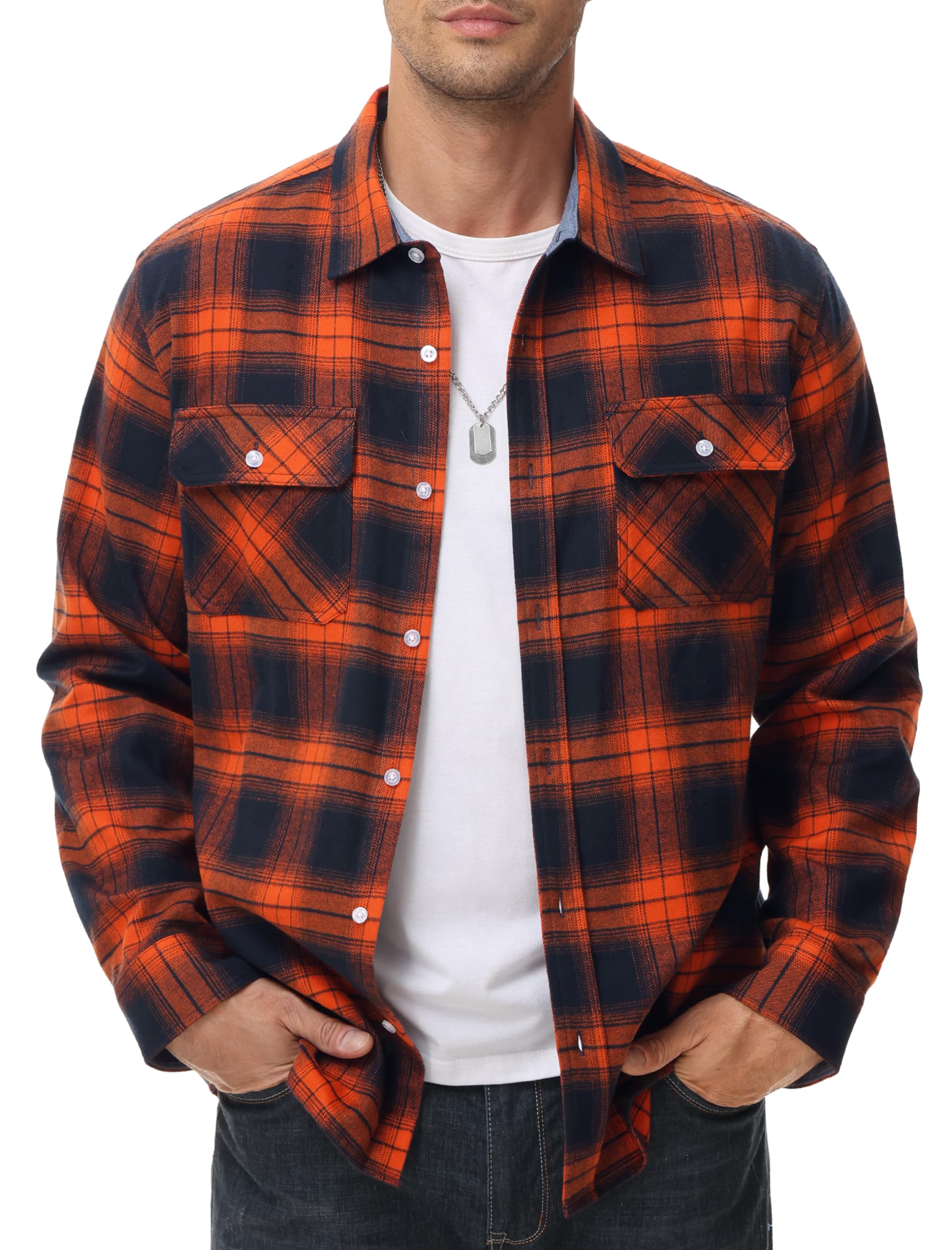 MAGCOMSEN Men's Fall Shirts for Men Button Up Flannel Shirts Long Sleeve Plaid Shirts Winter Shirts Casual Shirts Orange,2XL