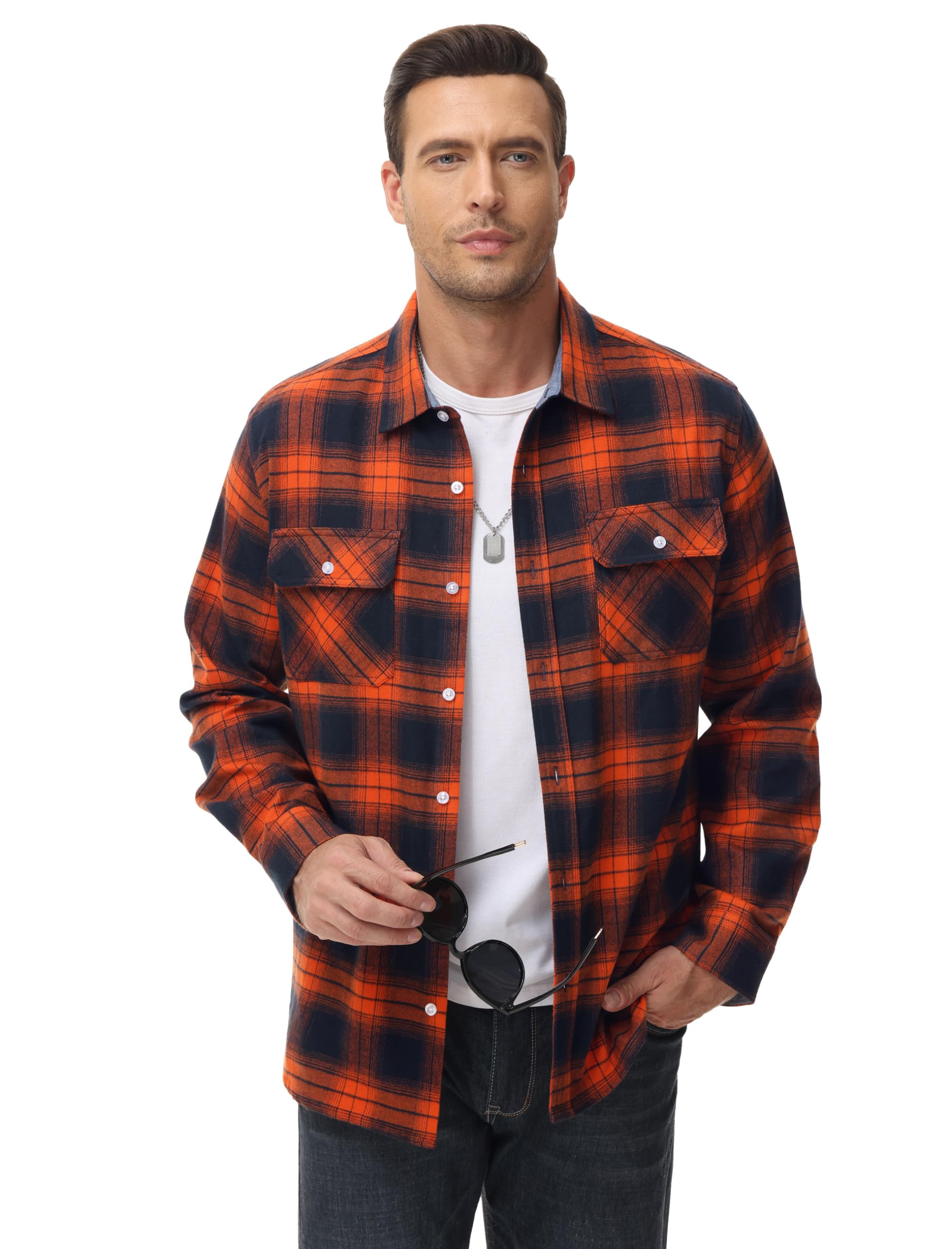 MAGCOMSEN Men's Fall Shirts for Men Button Up Flannel Shirts Long Sleeve Plaid Shirts Winter Shirts Casual Shirts Orange,2XL