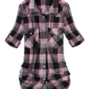 Alimens & Gentle Womens Plaid Flannel Shirts Long Sleeve Roll Up Casual Button Down Shirt Pink Grey