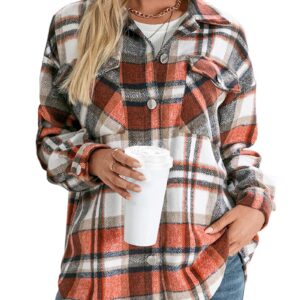 KIRUNDO Women's 2024 Fall Winter Flannel Plaid Shirts Jacket Casual Long Sleeve Boyfriend Button Down Shacket Coats(Style3-Orange, X-Large)