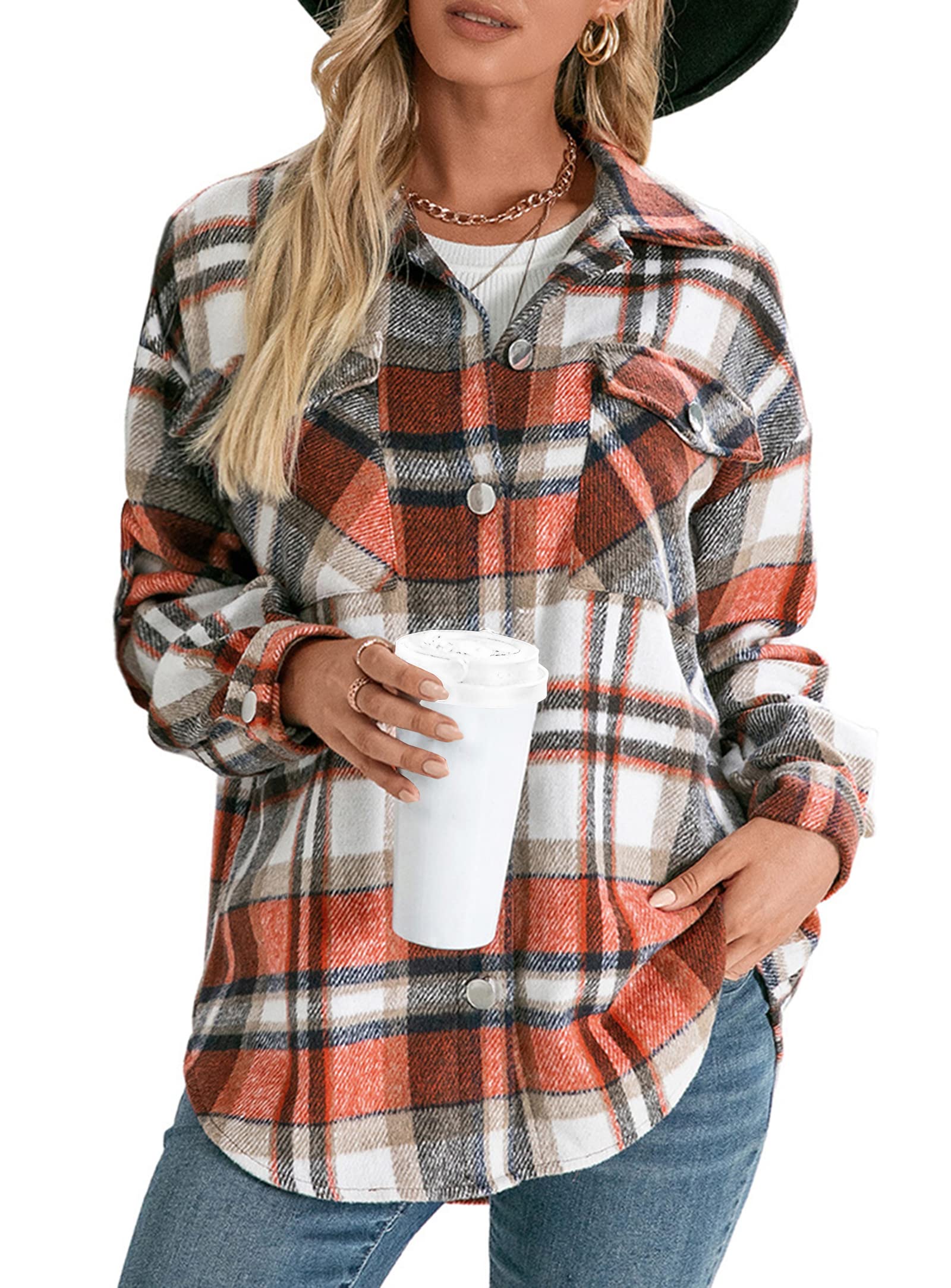 KIRUNDO Women's 2024 Fall Winter Flannel Plaid Shirts Jacket Casual Long Sleeve Boyfriend Button Down Shacket Coats(Style3-Orange, X-Large)